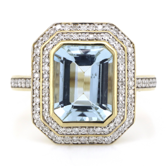 Yellow Gold, Aquamarine and Diamond, Double Halo Ring