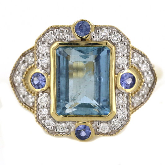 Yellow Gold Aquamarine, Blue Ceylon Sapphire and Diamond Art Deco Ring