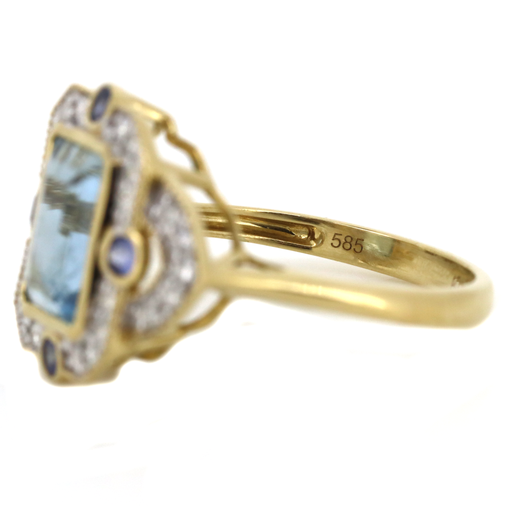 Yellow Gold Aquamarine, Blue Ceylon Sapphire and Diamond Art Deco Ring