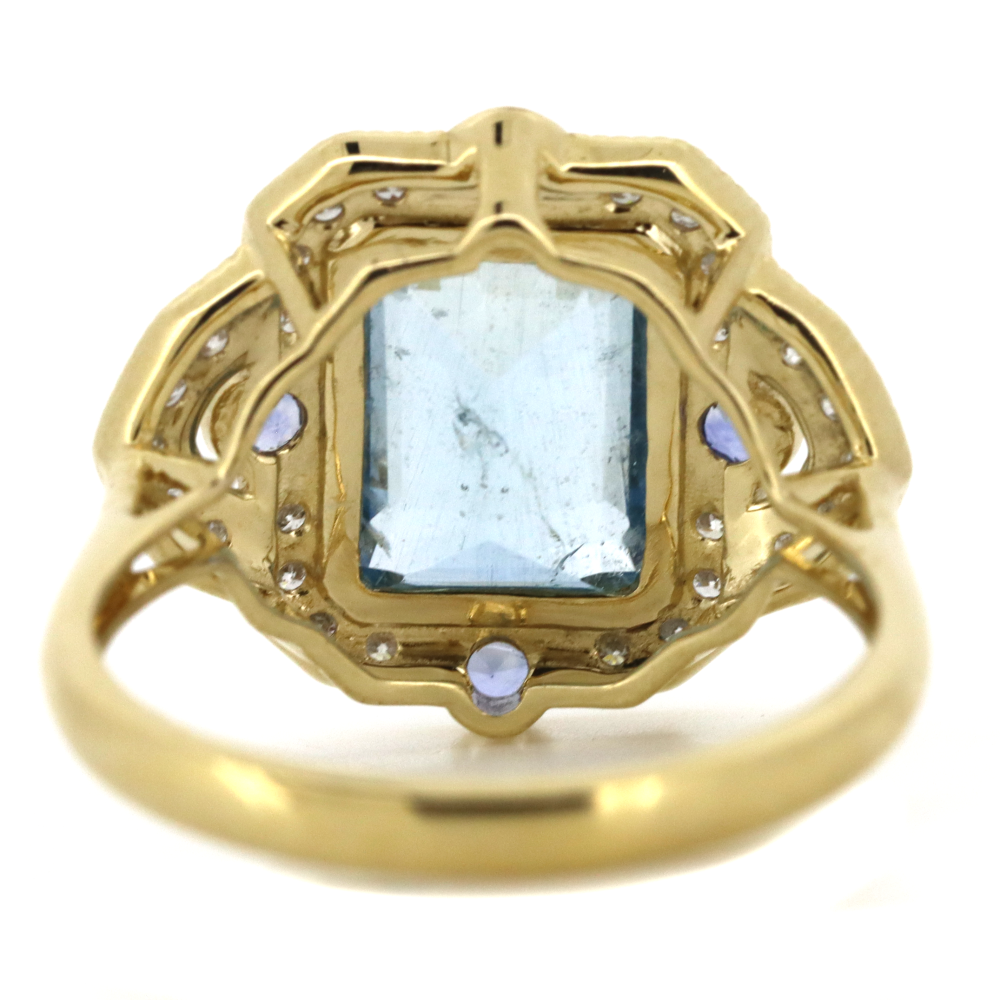 Yellow Gold Aquamarine, Blue Ceylon Sapphire and Diamond Art Deco Ring