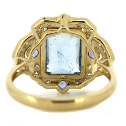 Yellow Gold Aquamarine, Blue Ceylon Sapphire and Diamond Art Deco Ring