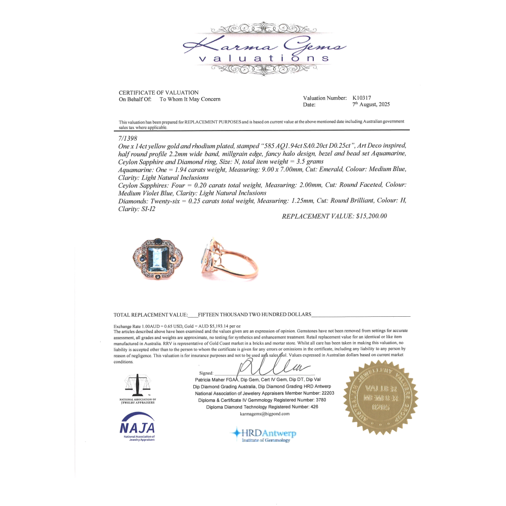 Yellow Gold Aquamarine, Blue Ceylon Sapphire and Diamond Art Deco Ring