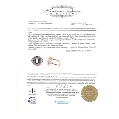 Yellow Gold Aquamarine, Blue Ceylon Sapphire and Diamond Art Deco Ring