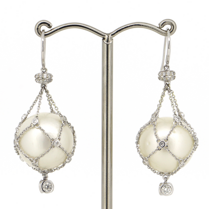 White Gold, Cream Cultured South Sea Pearl and Diamond, Cage Earrings