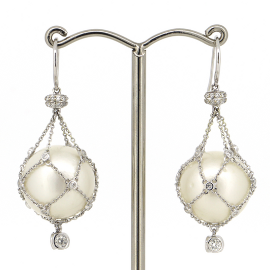 White Gold, Cream Cultured South Sea Pearl and Diamond, Cage Earrings