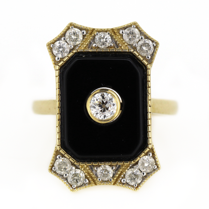 Yellow Gold Onyx and Diamond Art Deco Inspired Ring