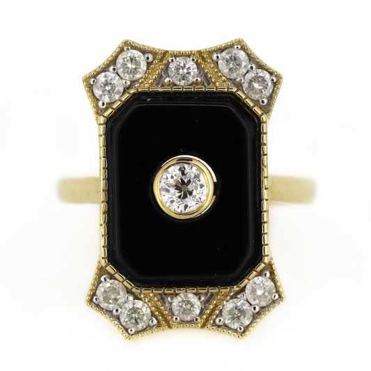 Yellow Gold Onyx and Diamond Art Deco Inspired Ring