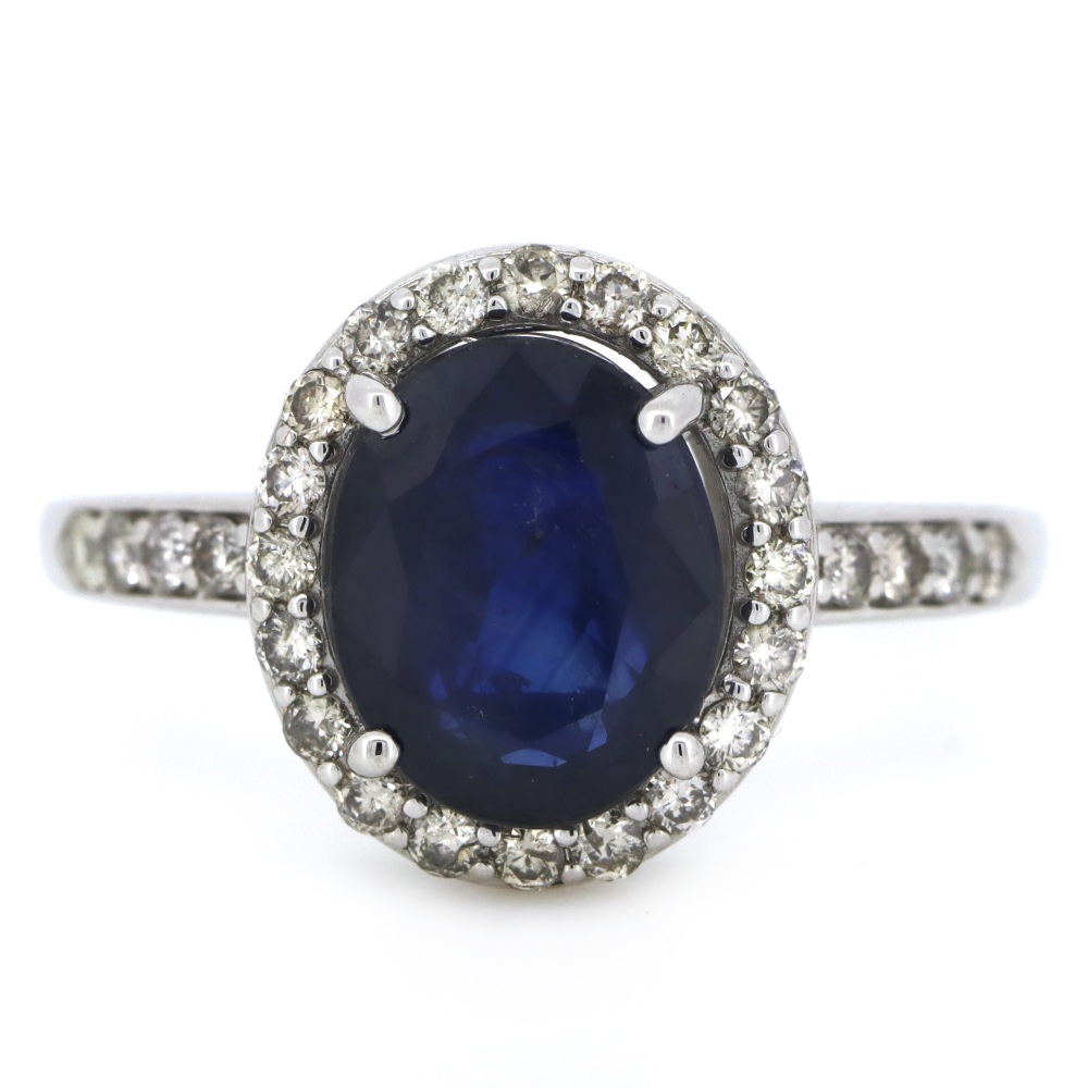 2.98ct White Gold Blue Sapphire and Diamond Halo Dress Ring