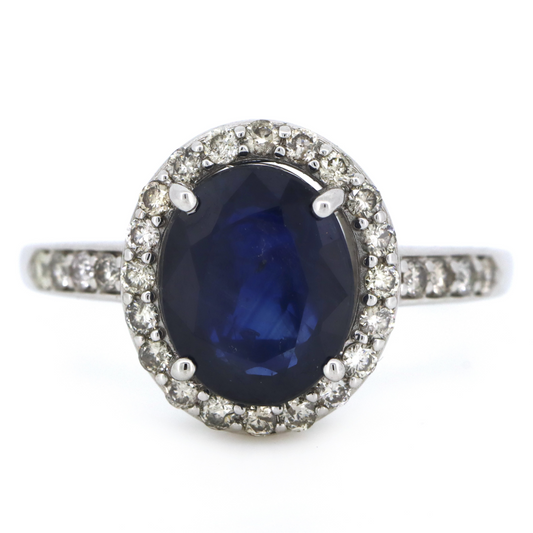 2.98ct White Gold Blue Sapphire and Diamond Halo Dress Ring