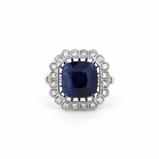 7.52ct Blue Ceylon Sapphire and Diamond Halo Cocktail Ring