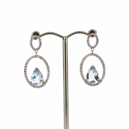 Rose Gold Aquamarine and Diamond Double Hoop Drop Earrings