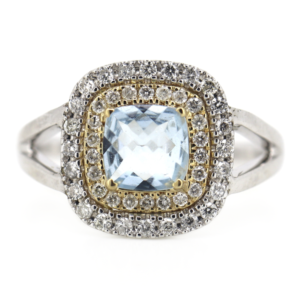 White/Yellow Gold Aquamarine & Diamond Double Halo Ring