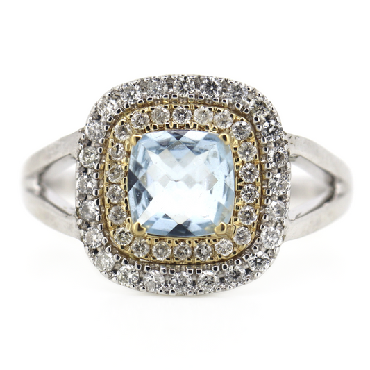 White/Yellow Gold Aquamarine & Diamond Double Halo Ring