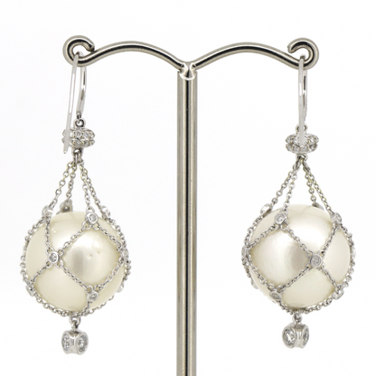 White Gold, Cream Cultured South Sea Pearl and Diamond, Cage Earrings