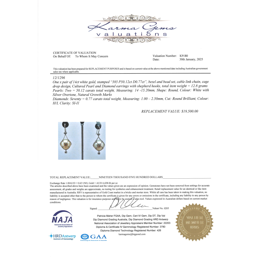 White Gold, Cream Cultured South Sea Pearl and Diamond, Cage Earrings
