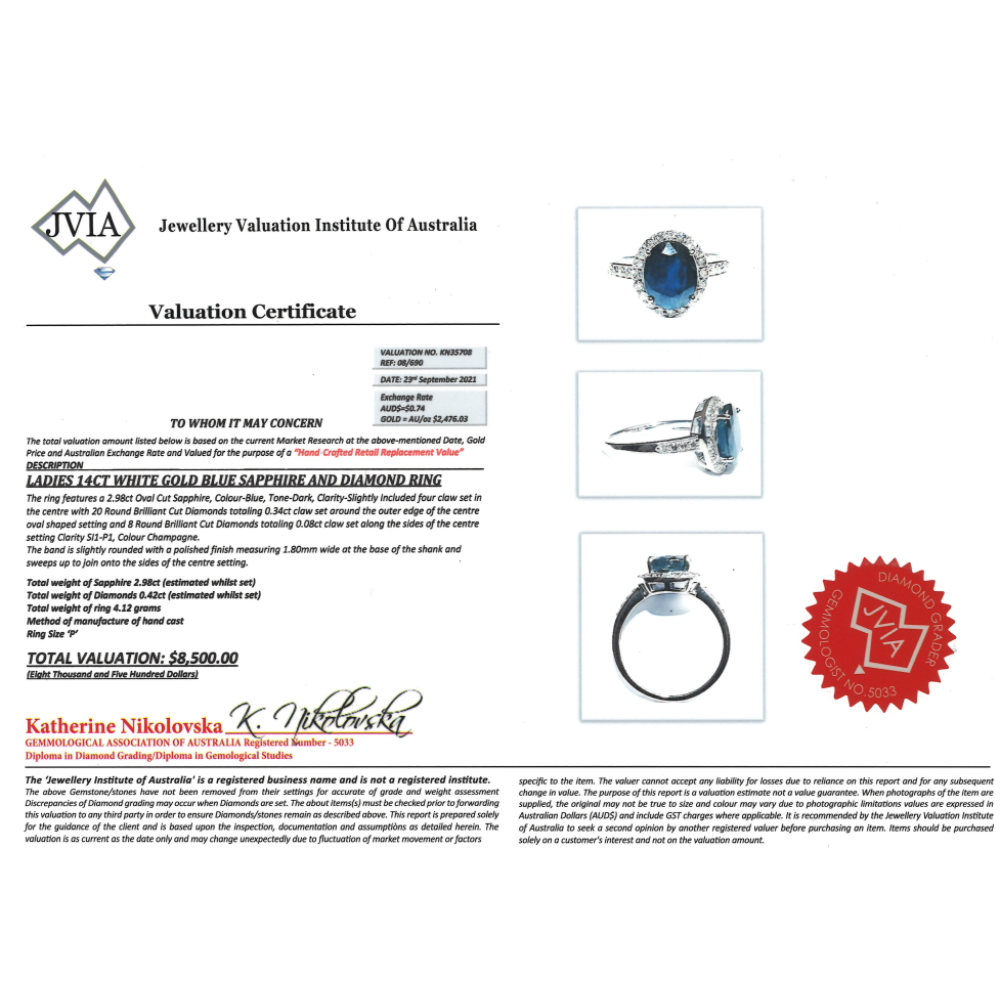 2.98ct White Gold Blue Sapphire and Diamond Halo Dress Ring