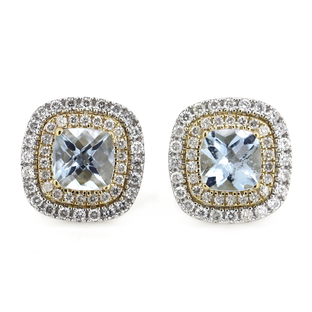 White/Yellow Gold Aquamarine & Diamond Double Halo Stud Earrings