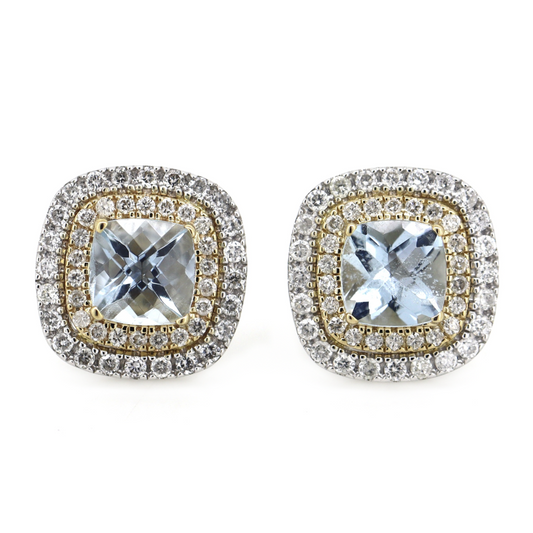 White/Yellow Gold Aquamarine & Diamond Double Halo Stud Earrings