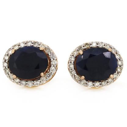 Rose Gold Blue Sapphire and Diamond Halo Stud Earrings
