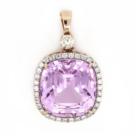 Rose Gold, 35.31ct Kunzite and Champagne Diamond, Halo Pendant