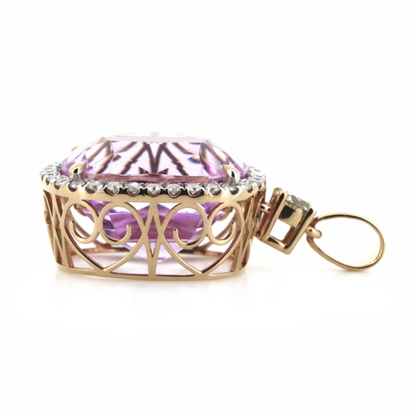 Rose Gold, 35.31ct Kunzite and Champagne Diamond, Halo Pendant