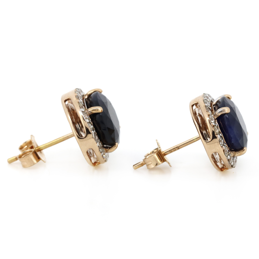 Rose Gold Blue Sapphire and Diamond Halo Stud Earrings