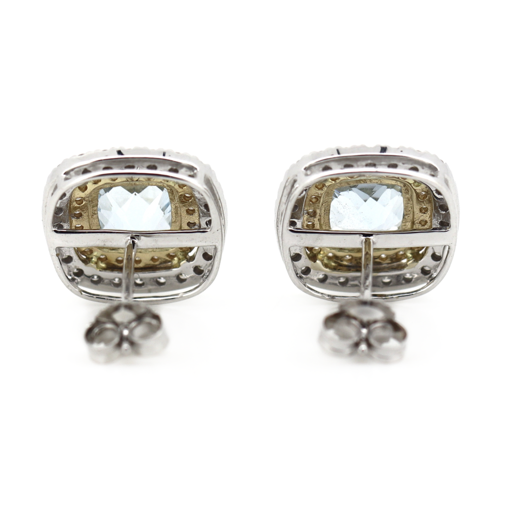 White/Yellow Gold Aquamarine & Diamond Double Halo Stud Earrings