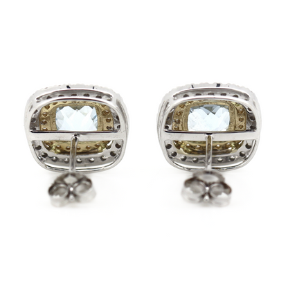 White/Yellow Gold Aquamarine & Diamond Double Halo Stud Earrings
