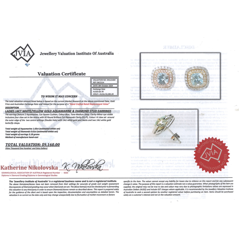 White/Yellow Gold Aquamarine & Diamond Double Halo Stud Earrings