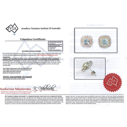 White/Yellow Gold Aquamarine & Diamond Double Halo Stud Earrings
