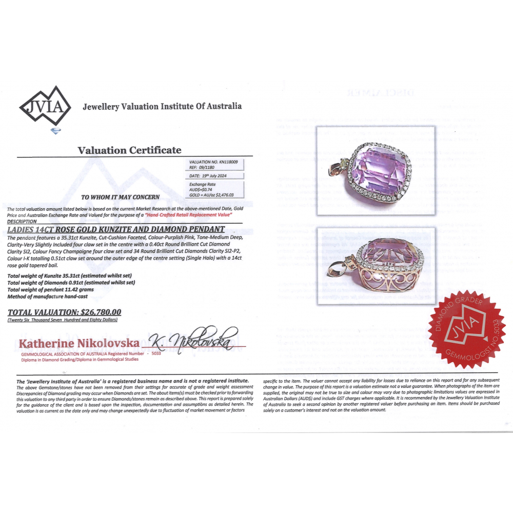 Rose Gold, 35.31ct Kunzite and Champagne Diamond, Halo Pendant