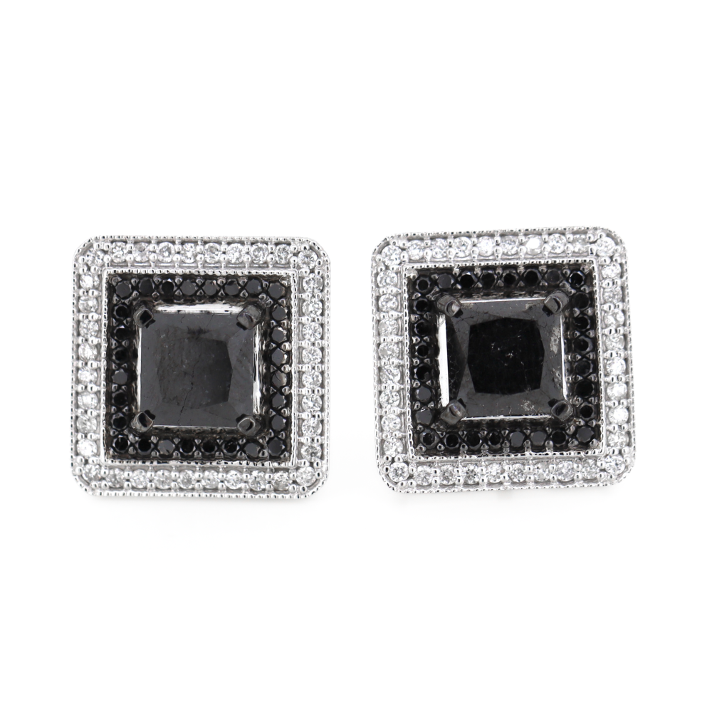 White Gold Black Diamond and Diamond Double Halo Earrings