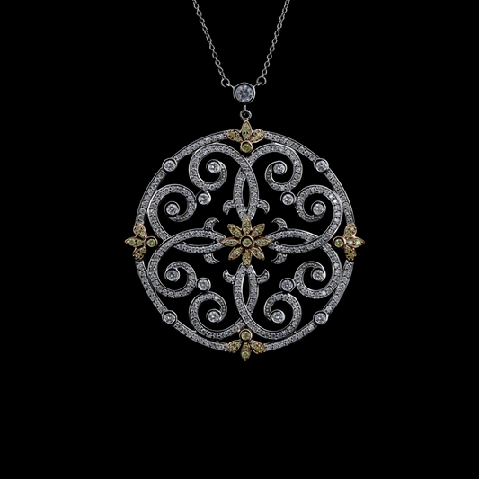 White/Yellow Gold, Fancy Yellow Diamond Double Halo Pendant Necklace