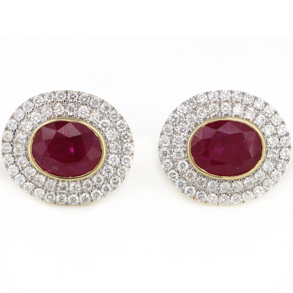 3.87ct Yellow Gold Ruby and Diamond Double Halo Stud Earrings