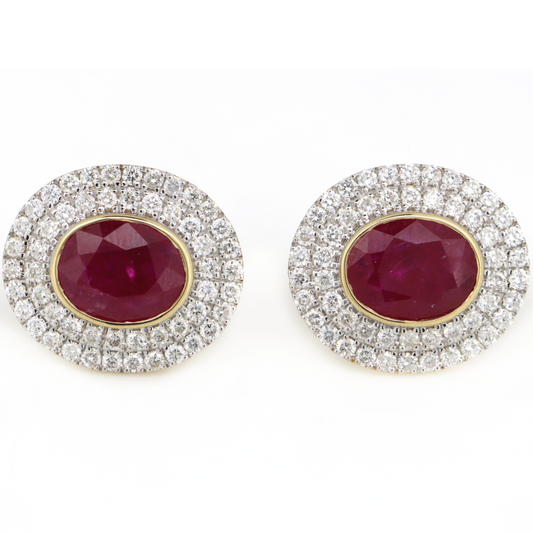 3.87ct Yellow Gold Ruby and Diamond Double Halo Stud Earrings