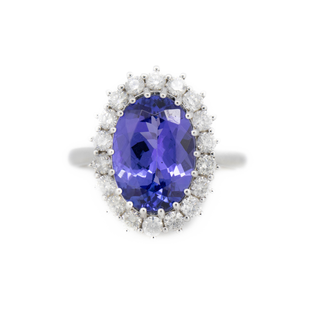 White Gold Tanzanite and Diamond Halo Ring