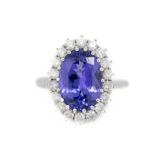 White Gold Tanzanite and Diamond Halo Ring