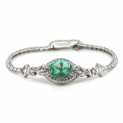 3.22ct Oval Colombian Emerald and Diamond Art Deco Inspired Bracelet