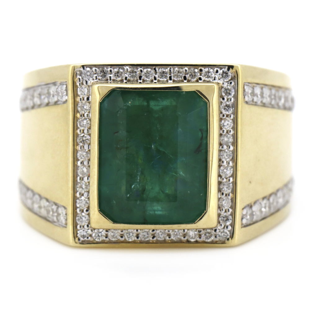 Yellow Gold 4.84ct Colombian Emerald and Diamond Gents Ring