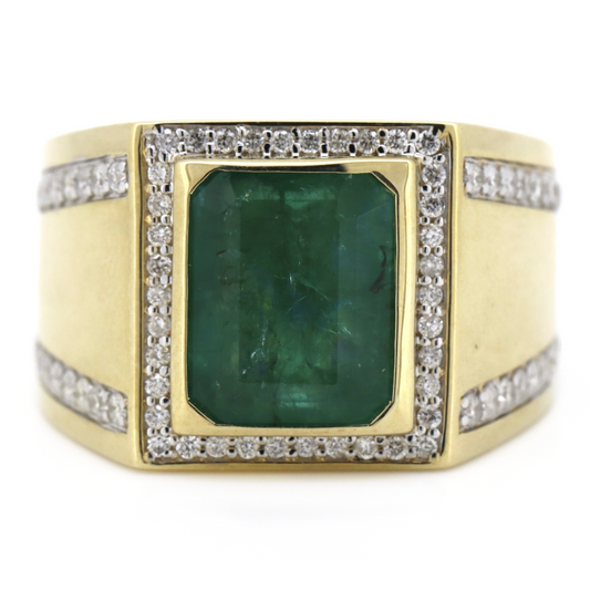 Yellow Gold 4.84ct Colombian Emerald and Diamond Gents Ring