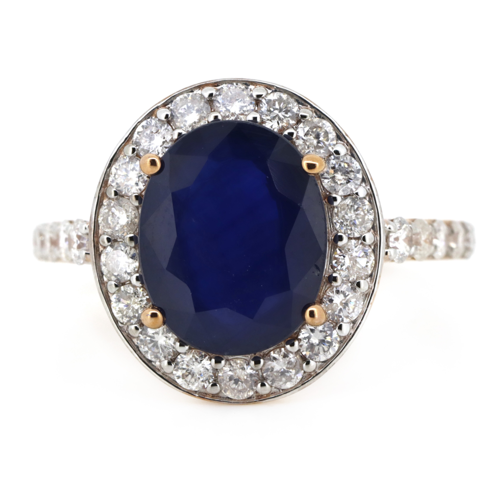 4.44ct Rose Gold Blue Sapphire and Diamond Halo Dress Ring