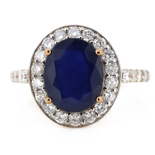 4.44ct Rose Gold Blue Sapphire and Diamond Halo Dress Ring