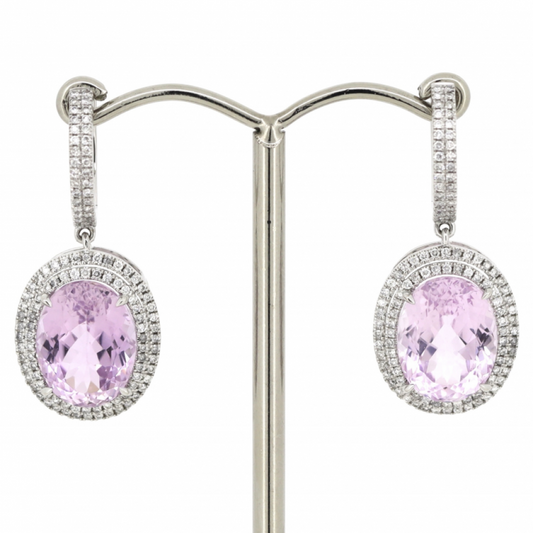 10.55ct White Gold Kunzite and Diamond Double Halo Drop Earrings