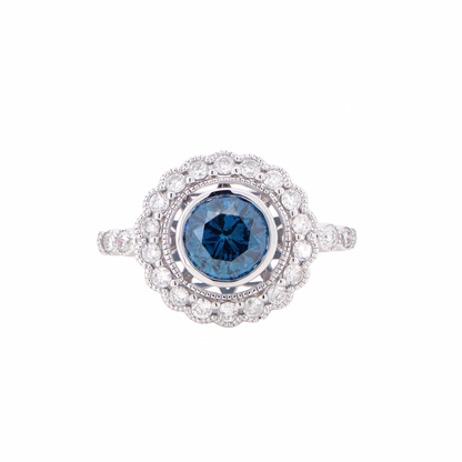 Blue Diamond Antique Style Halo Ring