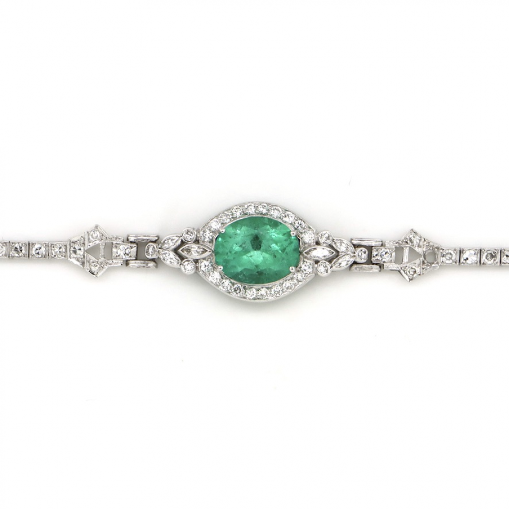 3.22ct Oval Colombian Emerald and Diamond Art Deco Inspired Bracelet