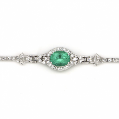 3.22ct Oval Colombian Emerald and Diamond Art Deco Inspired Bracelet