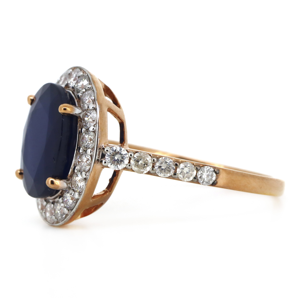 4.44ct Rose Gold Blue Sapphire and Diamond Halo Dress Ring