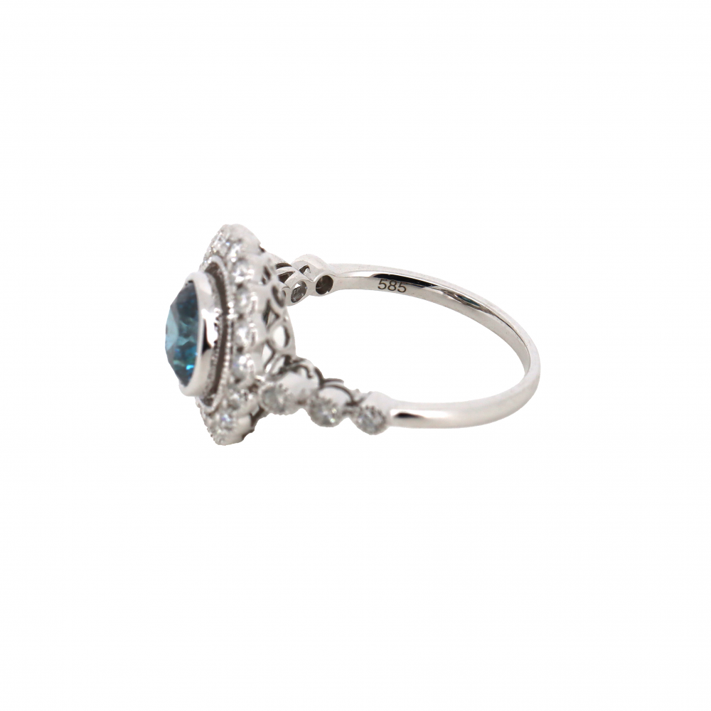 Blue Diamond Antique Style Halo Ring