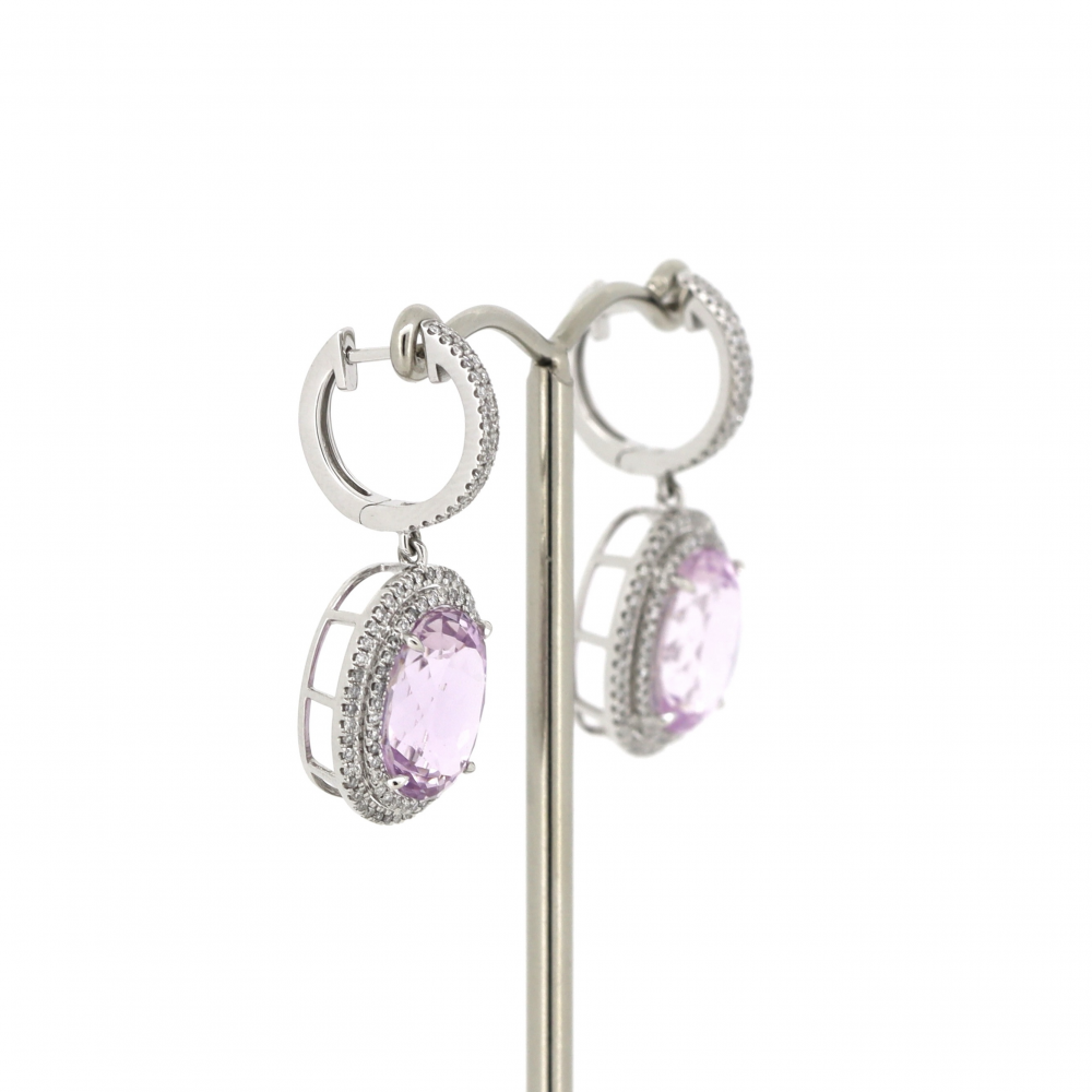 10.55ct White Gold Kunzite and Diamond Double Halo Drop Earrings