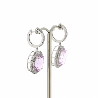 10.55ct White Gold Kunzite and Diamond Double Halo Drop Earrings